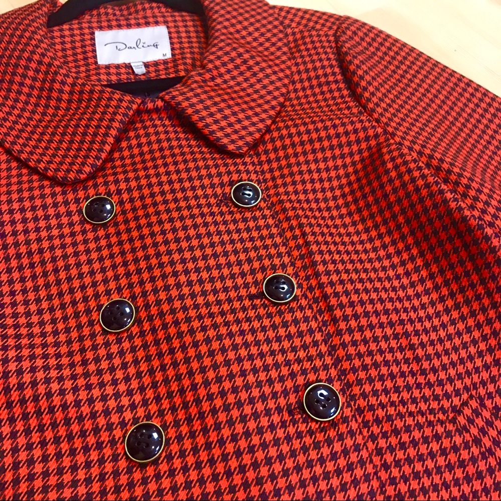 Pea coat style red orange check gold black buttons